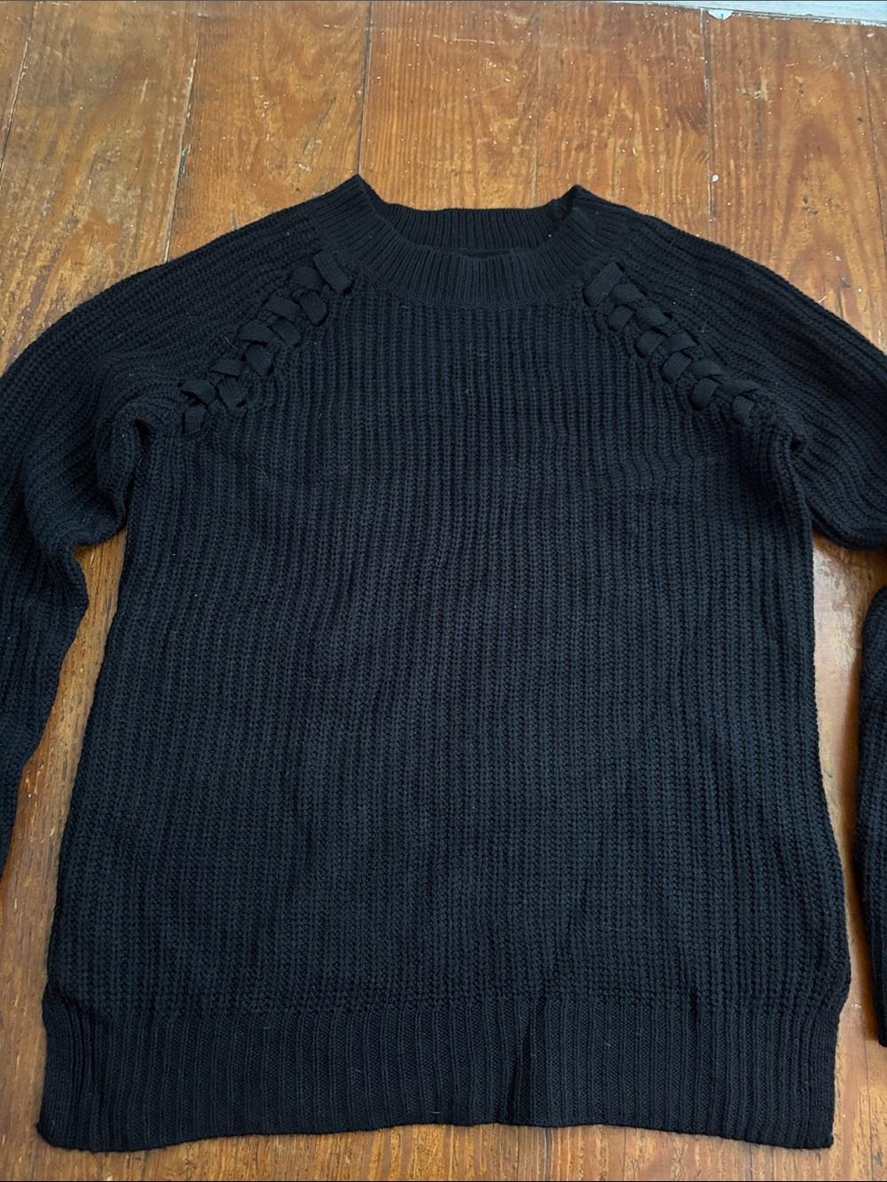 SO Black Crewneck Sweater with Braided Shoulder Detail